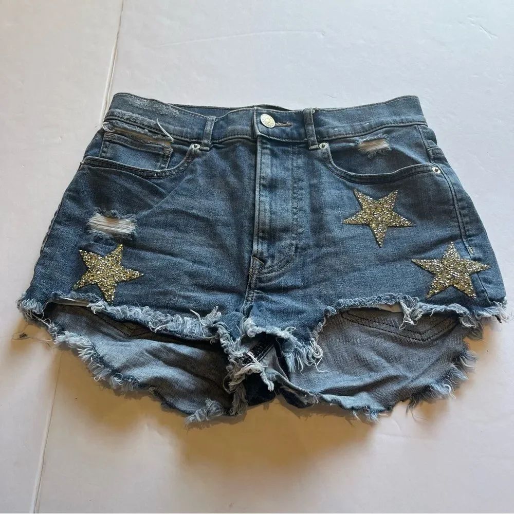 Express Women's Short Faded Blue Jean Shorts Extreme Hi Rise Size 4 Distressed